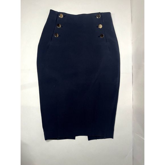 H & M Dark Blue Women's Elegant Pencil Skirt With Gold Buttons - Picture 1 of 8